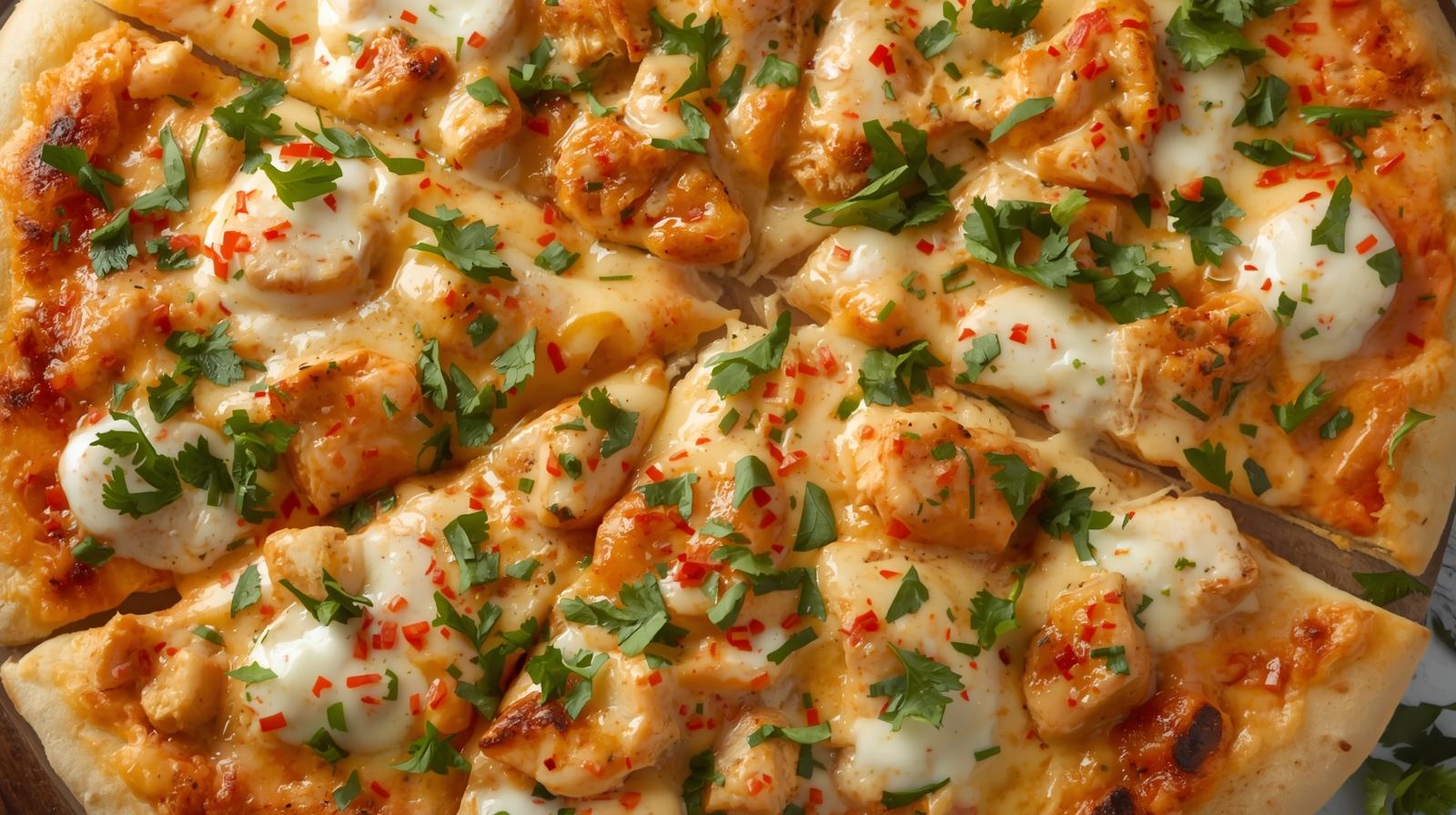 Butter Chicken Pizza at Sages Pizza & More Calgary - Creamy butter chicken sauce with mozzarella